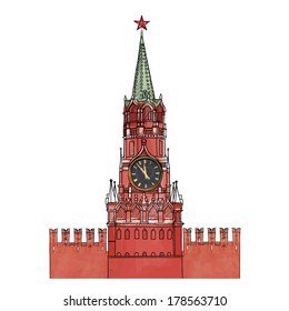 Spasskaya tower isolated, Red Square, Kremlin. Moscow City Symbol. Travel Russia watercolor sketch.