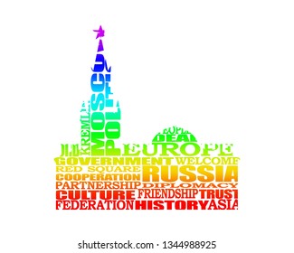 Spasskaya Tower of Kremlin and part of the wall in Moscow designed fron relative words cloud.