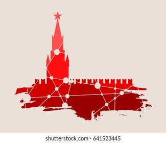 Spasskaya Tower of Kremlin and part of the wall in Moscow. Grunge brush. Molecule And Communication. Connected lines with dots.