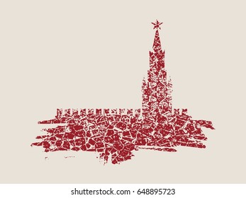 Spasskaya Tower of Kremlin and part of the wall in Moscow. Grunge brush. Grunge cracked texture