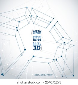 Spatial clear eps 8 engineering vector illustration, set of 3d mesh symbol, wireframe parallelograms with connected lines and dots.