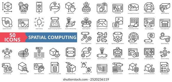 Symbolsammlung für räumliche Datenverarbeitung. Enthaltend Computing, ar, vr, Mixed Reality, Holografie, Tiefenwahrnehmung, 3D-Modellierung Symbol. Einfache Linienvektorgrafik.