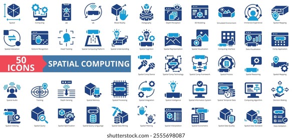 Spatial computing icon collection set. Containing computing, ar, vr, mixed reality, holography, depth perception, 3d modeling icon. Simple flat vector illustration.