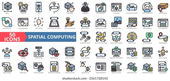 Spatial computing icon collection set. Containing computing, ar, vr, mixed reality, holography, depth perception, 3d modeling icon. Simple flat outline vector illustration