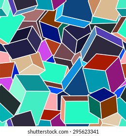 Spatial cubes scattered in space. Abstract background resembling stained glass. Bright colors. White contours. Vector seamless geometrical pattern. Modern design.