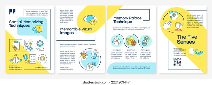 Spatial memorizing techniques blue and yellow brochure template. Leaflet design with linear icons. Editable 4 vector layouts for presentation, annual reports. Questrial, Lato Regular fonts used