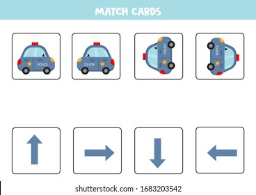 Spatial orientation with cute cartoon police car. Left, right, up or down.