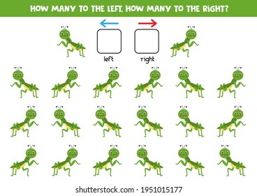 Spatial orientation with cute praying mantis. Left, right, up or down.