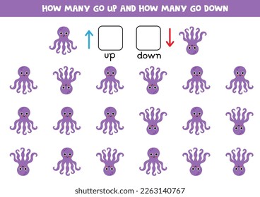 Spatial orientation for kids. Up or down with purple octopus.