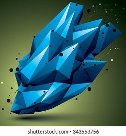 Spatial technological blue shape, polygonal colorful wireframe vector object with connected lines.