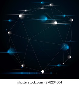 Spatial technological contrast shape with sparkles, polygonal blink wireframe object.