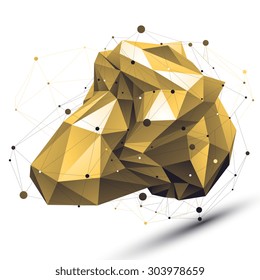 Spatial technological shape with wire mesh, polygonal gold cybernetic wireframe object.