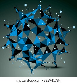 Spatial vector blue digital object, 3d technology figure with geometric elements and black wireframe.