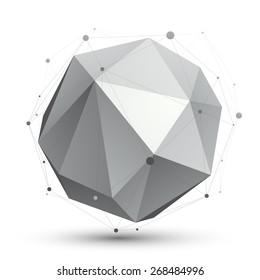 Spatial vector monochrome digital eps8 object, dimensional technology element with wireframe, spherical symbol isolated on white background.