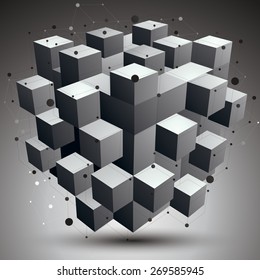 Spatial vector monochrome digital object, 3d technology figure with geometric elements and wireframe.