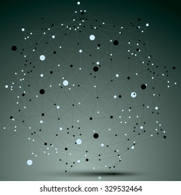 Spatial vector monochrome digital object, 3d technology figure with geometric elements and black wireframe.