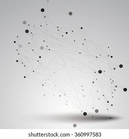 Spatial vector monochrome digital object, 3d technology figure with geometric elements and black wireframe.