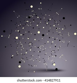 Spatial vector monochrome digital object, 3d technology figure with geometric elements and black wireframe.