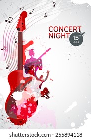 Spatter music background with guitar and concert silhouette - vector
