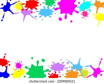 Spattered ink shapes, colorful paint drops top and bottom frame