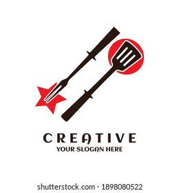 Spatula and barbecue fork icon. Grill tool for restaurant logo