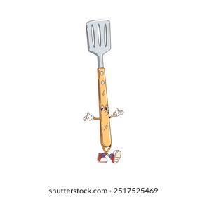 Spatula bbq barbeque cartoon groovy character. Isolated vector kitchen tool personage with a wooden handle, cute happy face with expressive eyes, wearing gloves and sneakers ready for outdoor cooking