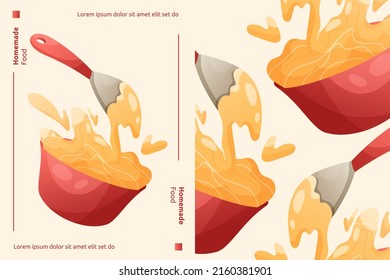 Spatula beating vanilla cream in the red bowl vector cartoon poster template. Bakery home cuisine banner design.