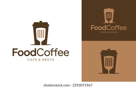 Spatula with Coffee Paper Cup Logo Design Template. Suitable for Restaurant, Breakfast, Coffee Shop, Cafe, Cafeteria, Eatery, Bistro, Bar, Coffeehouse, Barista, Food and Beverage, Bakery, Pastry, etc