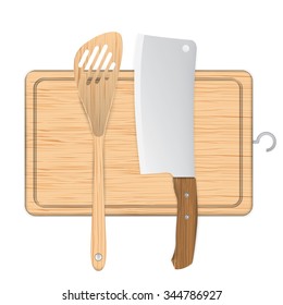 Spatula, Cutting Board, Kitchen Knife, isolated on white background