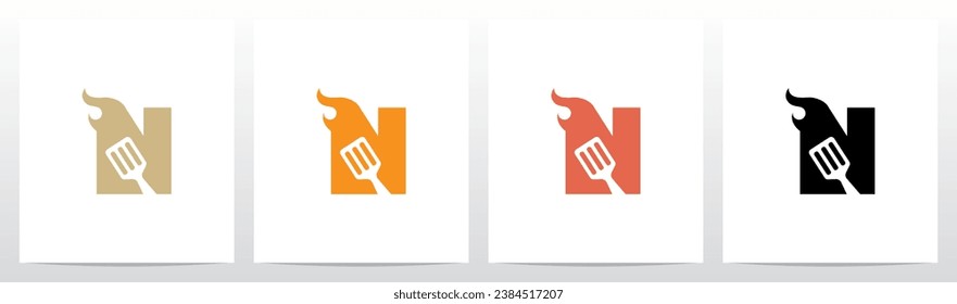 Spatula And Flame Cooking Frying On Letter Logo Design N