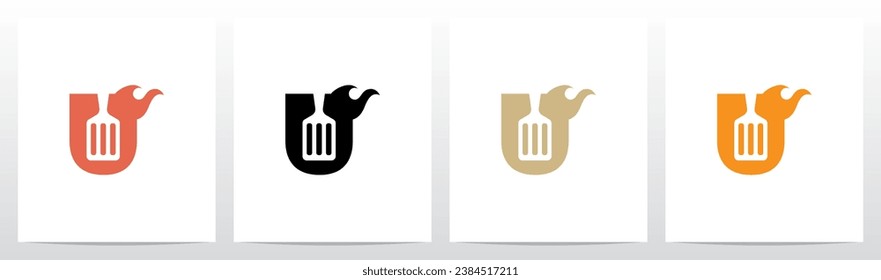 Spatula And Flame Cooking Frying On Letter Logo Design U