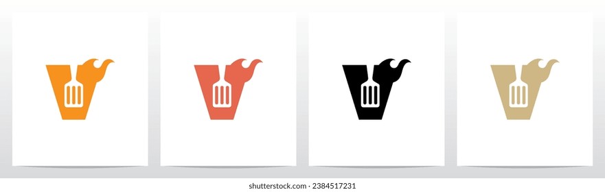 Spatula And Flame Cooking Frying On Letter Logo Design V