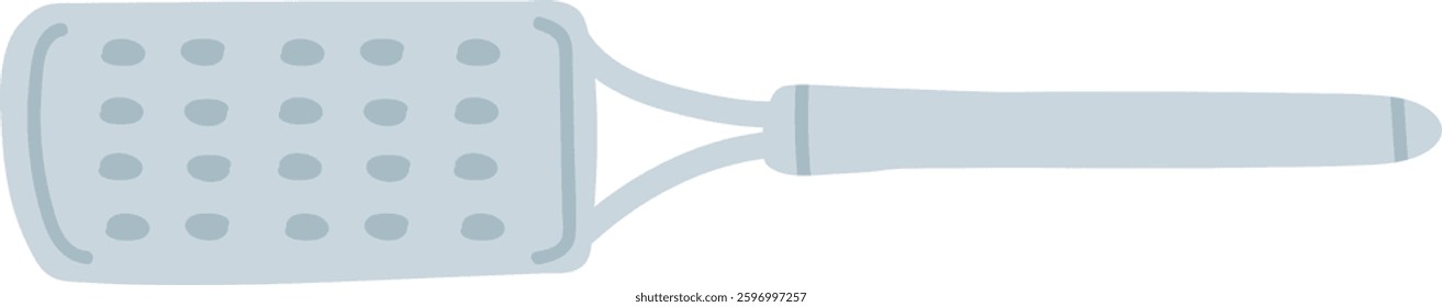 A spatula with a flat, perforated surface and a sturdy handle is positioned against a neutral backdrop, ideal for cooking and serving various dishes in the kitchen.