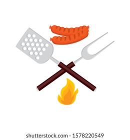 spatula with fork barbecue and sausages isolated icon vector illustration design