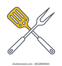 spatula, fork, crossed, kitchen, utensils, yellow, illustration, vector, cutlery, cooking, food, icon, graphic, simple, clean, white, background, dining, tableware, chef, restaurant, design, art, isolated, clipart, dish, serveware, eating, utensil, cross, bright, colorful, minimalist, stock, image, flat, line, artwork, kitchenware, table, set