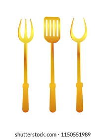 Spatula and fork gold tools for cooking roast beef and meat. Isolated icons vector set. Cutlery with handles, bbq cooking instruments and flatware
