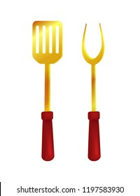 Spatula and fork tools , cutlery isolated icons set vector. Dishware with wooden handles for making grilled roasted food, barbecue flatware closeup