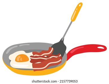 Spatula and frying pan with fried eggs and bacon. Hand drawn vector illustration. Suitable for website, stickers, gift cards.