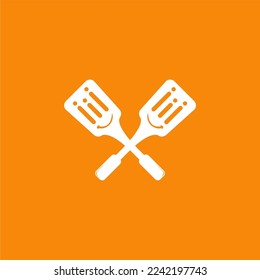 Spatula grill tool icon. Simple orange white silhouette. Logo Template Symbol. Flat design vector illustration. Isolated on an orange background