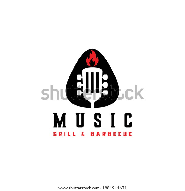Spatula Guitar with Fire Flame\
Isolated Inside Guitar Pick Live Music Concert for Grill and\
Barbecue Store, Bar Cafe Restaurant Pub Nightclub Logo\
Design