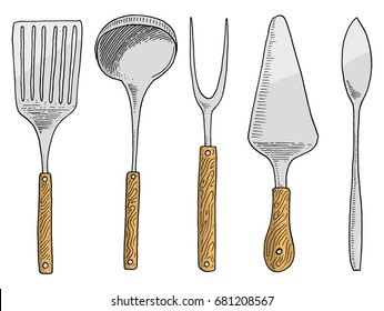 spatula for hot, caviar and dessert, fork for herring or ladle. Chef and kitchen utensils, cooking stuff for menu decoration. engraved hand drawn in old sketch and vintage style.