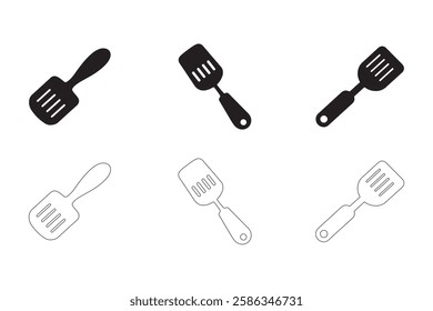 Spatula icons set simple clean and smooth Solid and Outline Styles vector icons in black on a white background.
