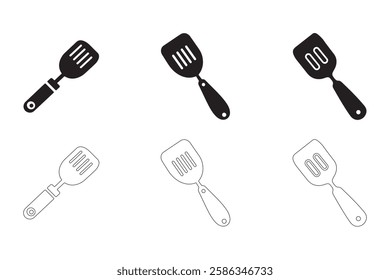 Spatula icons set simple clean and smooth Solid and Outline Styles vector icons in black on a white background.
