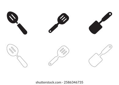 Spatula icons set simple clean and smooth Solid and Outline Styles vector icons in black on a white background.
