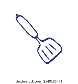 Spatula. Kitchenware sketch. Vector kitchen utensil and tool. Cutlery illustration. Hand drawn sketch. Blue pen or marker drawing. Primitive kids picture