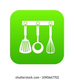 Spatula, ladle and whisk, kitchen tools on a hanger icon digital green for any design isolated on white vector illustration