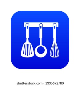 Spatula, ladle and whisk, kitchen tools on a hanger icon digital blue for any design isolated on white vector illustration