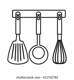 Spatula, ladle and whisk, kitchen tools on a hanger icon in outline style isolated vector illustration