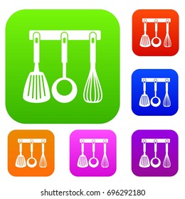 Spatula, ladle and whisk, kitchen tools on a hanger set icon in different colors isolated vector illustration. Premium collection