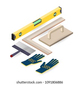 Spatula, level, glove.  Isometric construction tools isolated on a white background. Vector flat illustration.